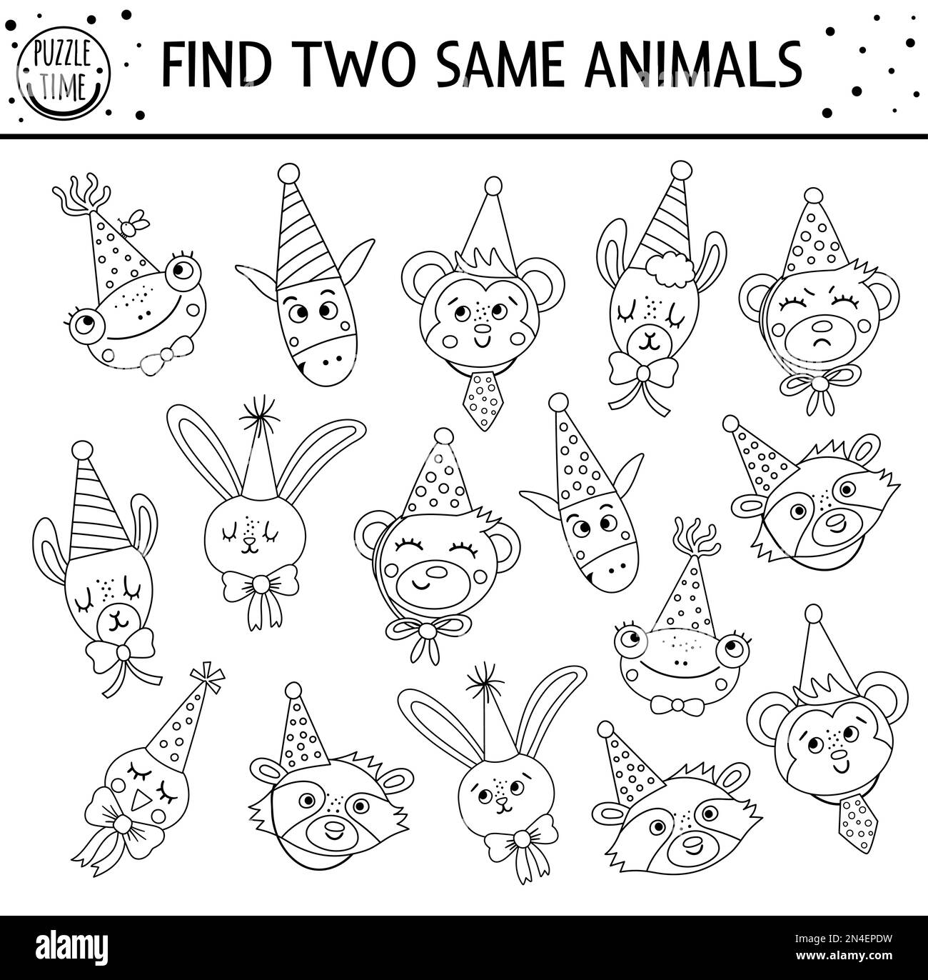 Find two same animals. Holiday black and white matching activity for children. Funny outline educational Birthday logical line worksheet for kids. Sim Stock Vector