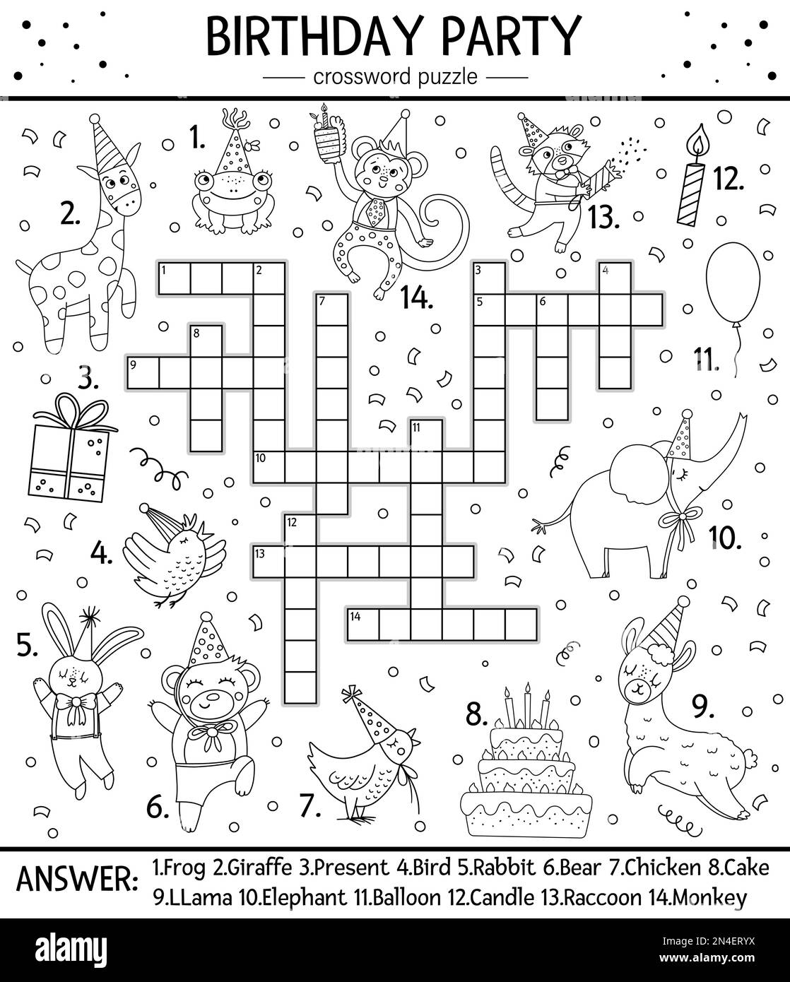 Vector black and white Birthday party crossword puzzle for kids. Simple outline quiz with holiday objects and animals for children. Educational line a Stock Vector