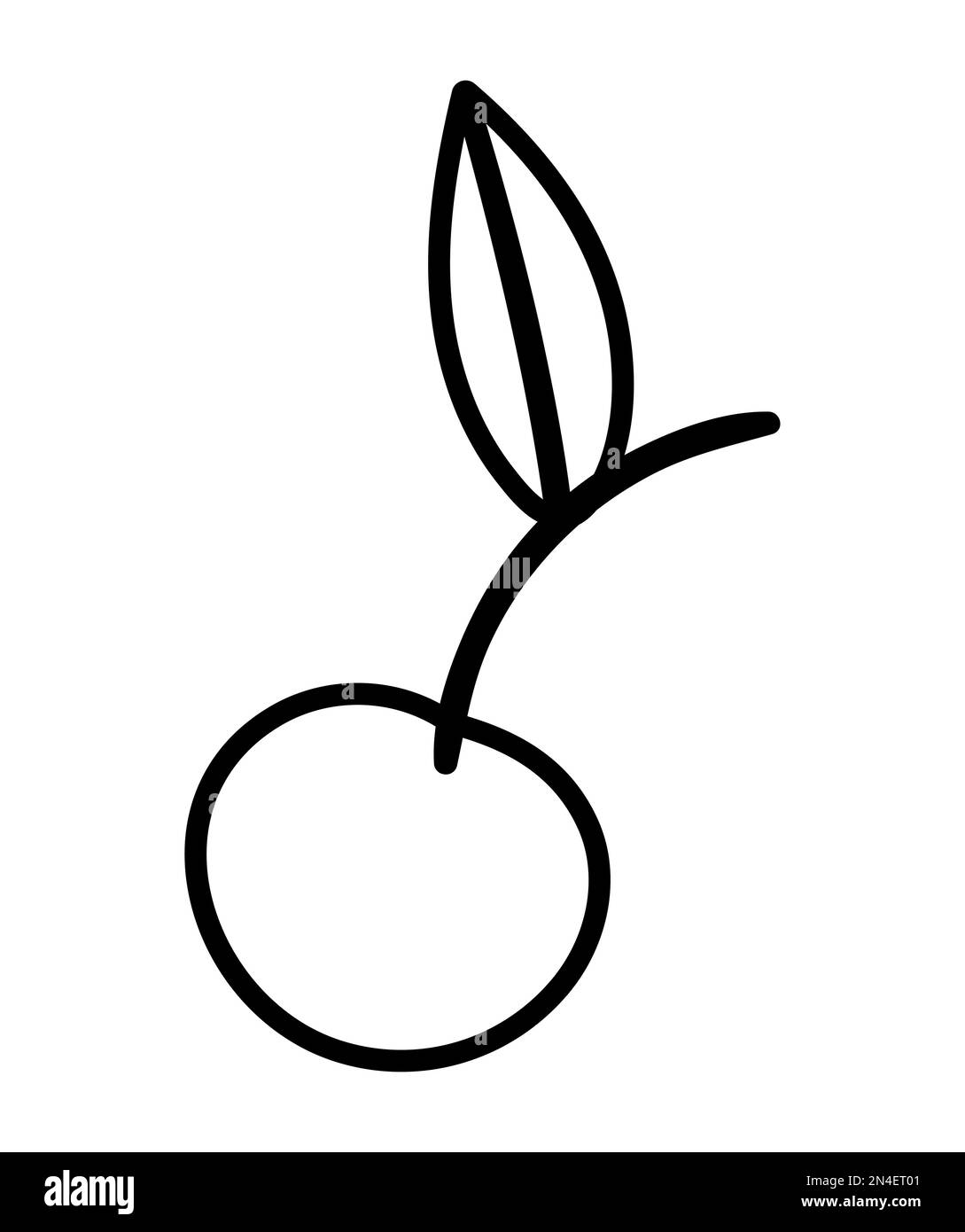 Vector cute black and white cherry with leaf. Funny berry outline
