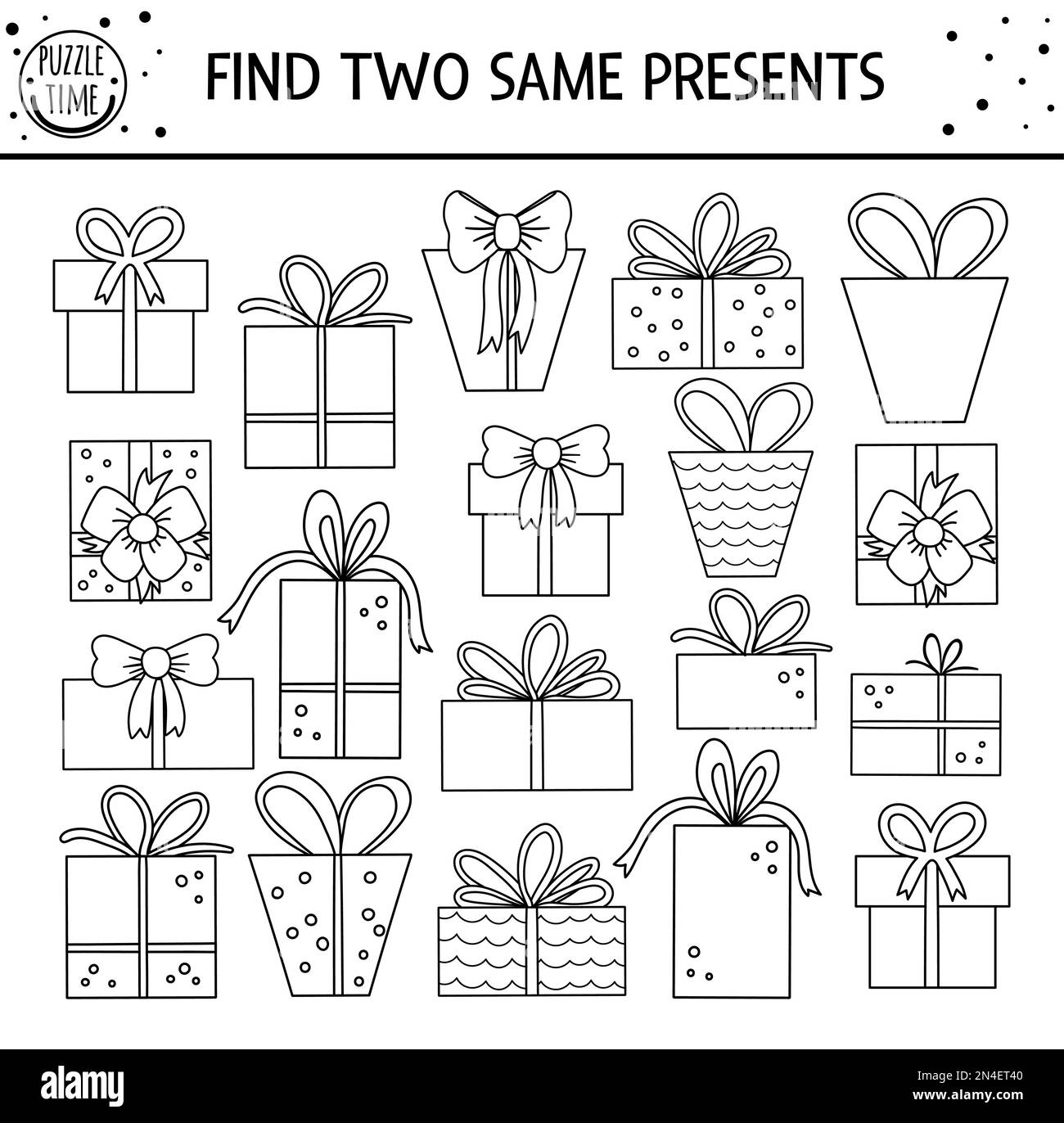 Find two same presents. Holiday black and white matching activity for children. Funny outline educational Birthday party logical worksheet for kids. S Stock Vector