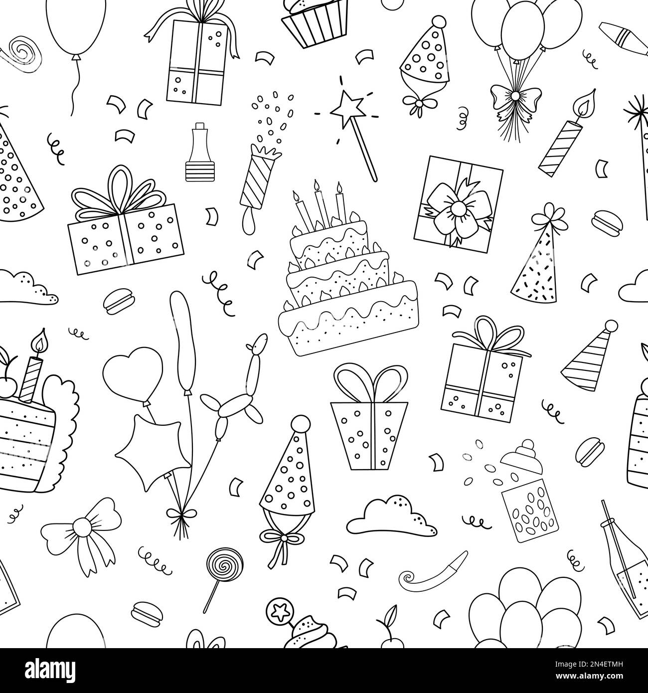 Vector black and white seamless pattern with cute happy Birthday design elements. Party celebration repeating background. Vector holiday digital paper Stock Vector