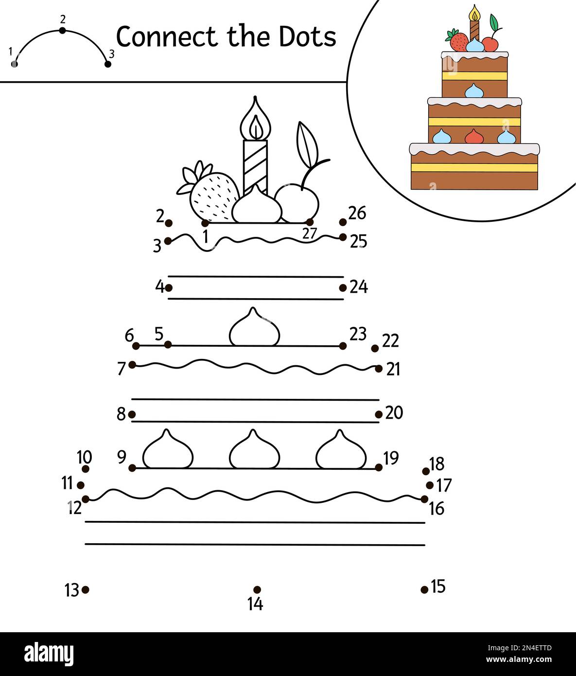 Vector Birthday dot-to-dot and color activity with dessert. Holiday party connect the dots game for children with cake and candles. Funny coloring pag Stock Vector