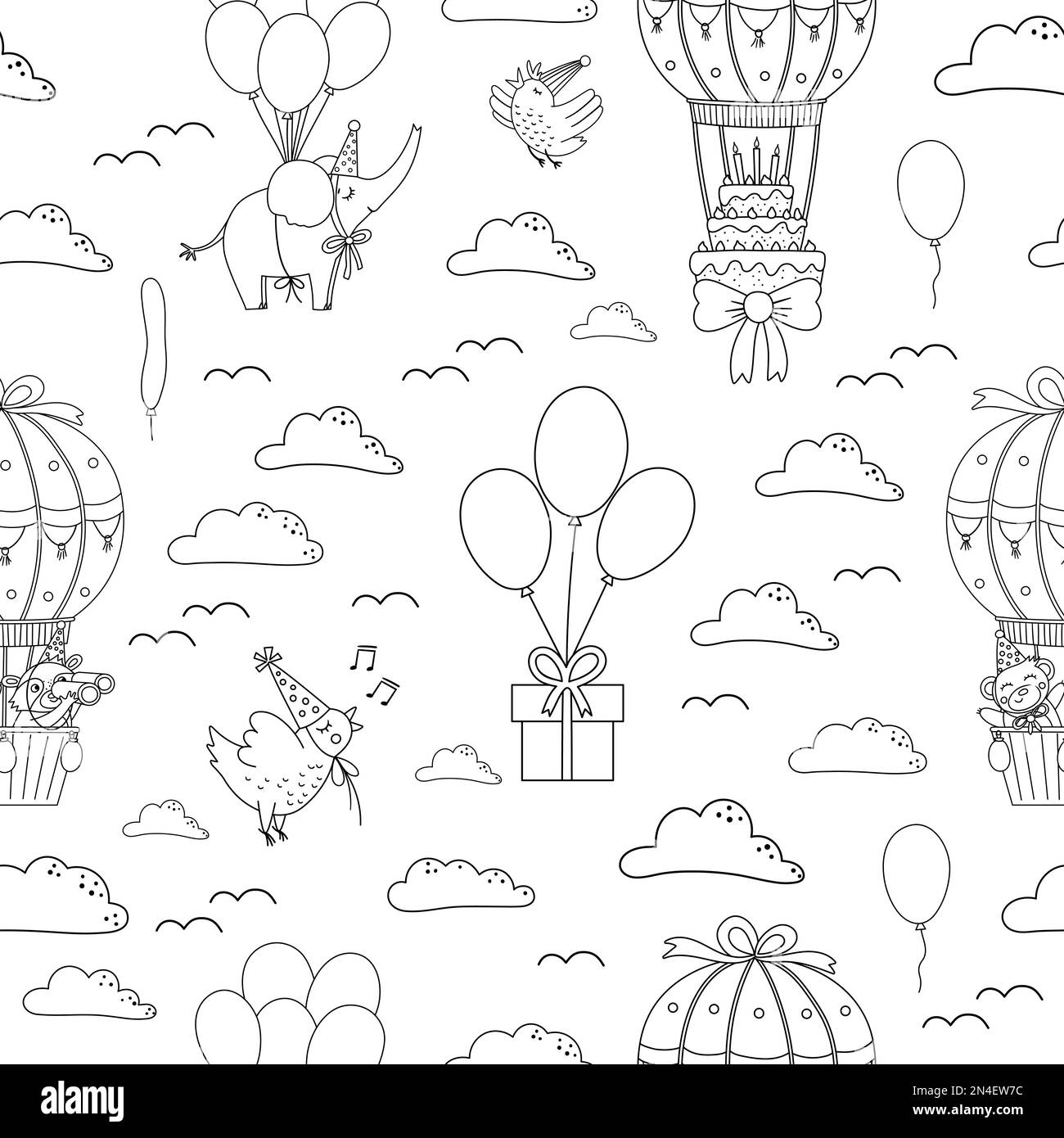 Vector black and white seamless pattern with hot air balloons, cute animals, birds, clouds. Holiday repeating background with adorable flying characte Stock Vector