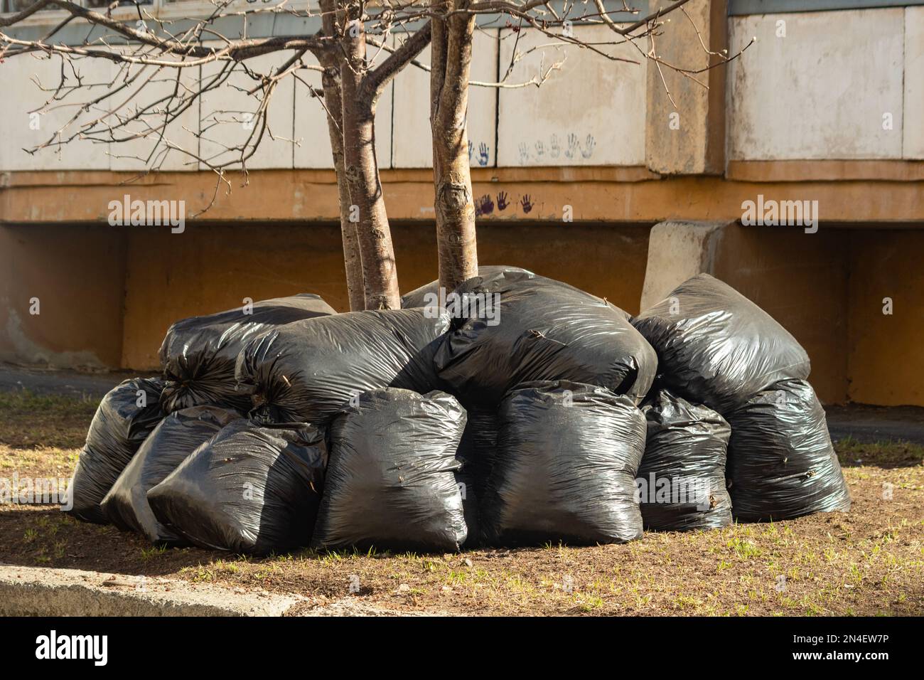 Pile of plastic garbage bags on the roadside near the city building