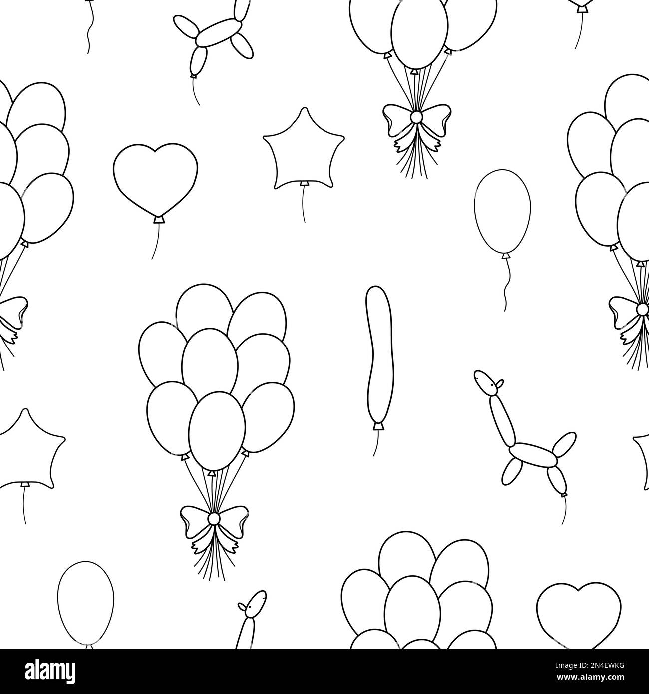 Vector black and white seamless pattern with cute balloons. Funny repeating background with birthday presents. Line holiday digital paper for kids. Ch Stock Vector