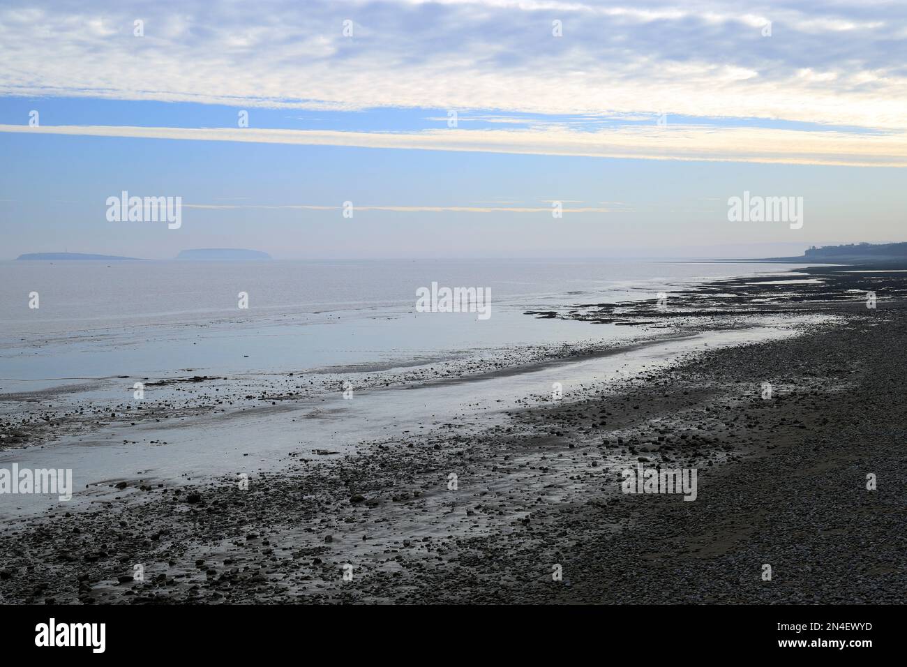 Flat Holm Island and Steep Holm Island, Severn Estuary from Penarth Esplanade, South Wales. Stock Photo