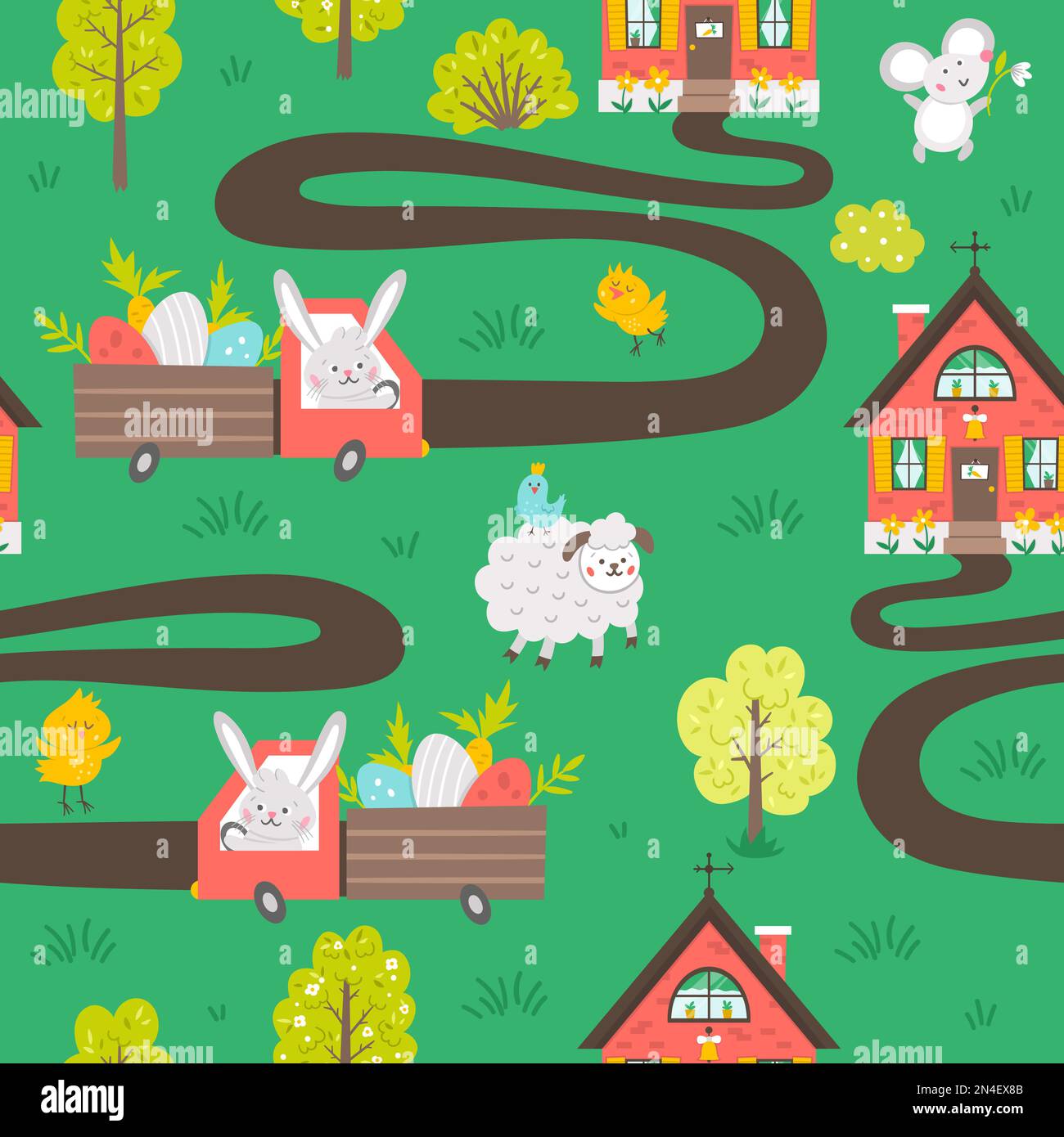 Vector Easter seamless pattern with bunny driving the car with eggs and ...