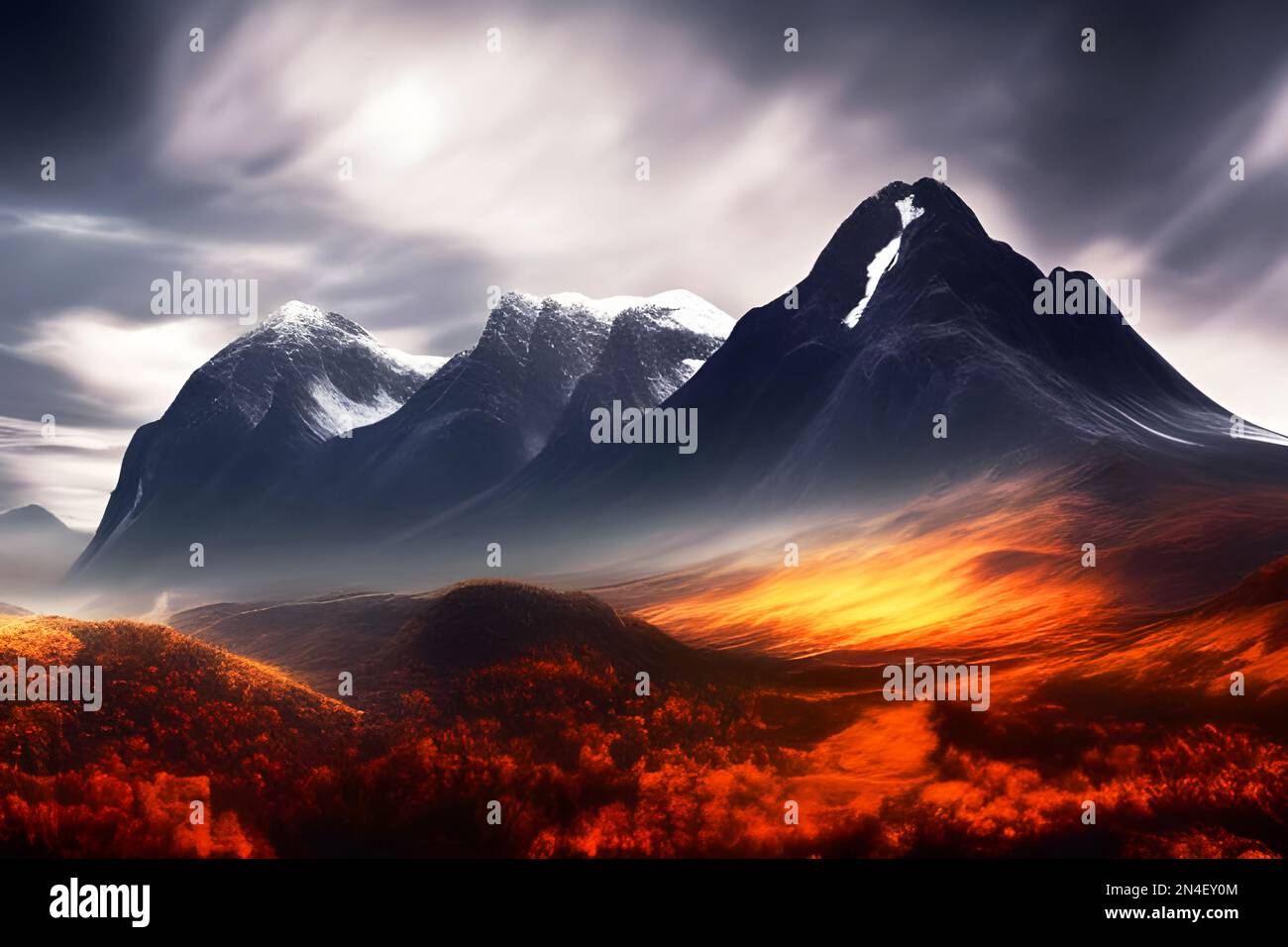 The days last light on a mountain range field depiction. Stock Photo