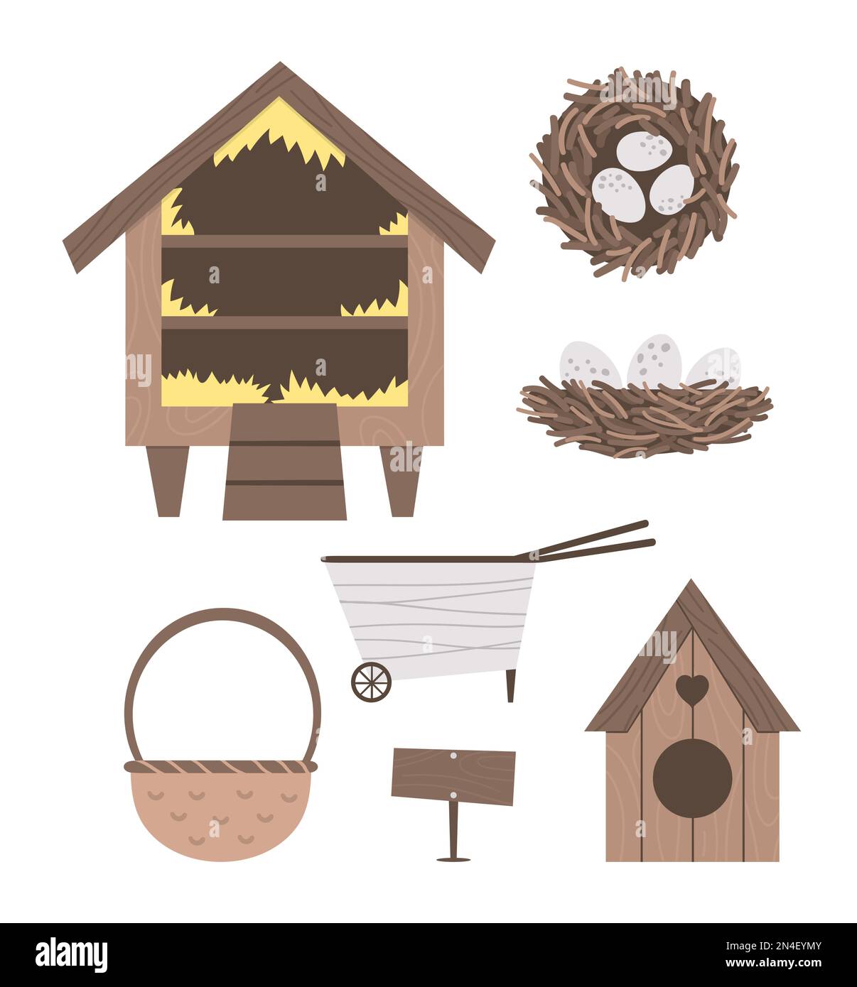 Vector cute farm and garden equipment collection. Roost, bird house, wheel barrow, basket, nest isolated on white background. Bird hatching and breedi Stock Vector
