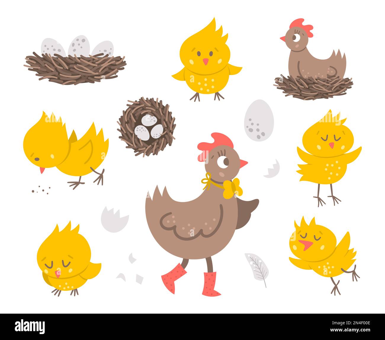 Vector set with cute hen, little chicks, eggs, nest. Spring or Easter funny illustration isolated on white background for kids. Farm bird icons pack Stock Vector