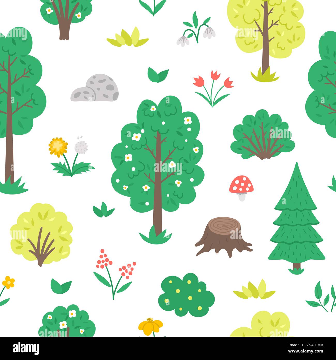 Vector seamless pattern with garden or forest trees, plants, shrubs, bushes, flowers. Flat spring woodland or farm repeating background. Natural green Stock Vector