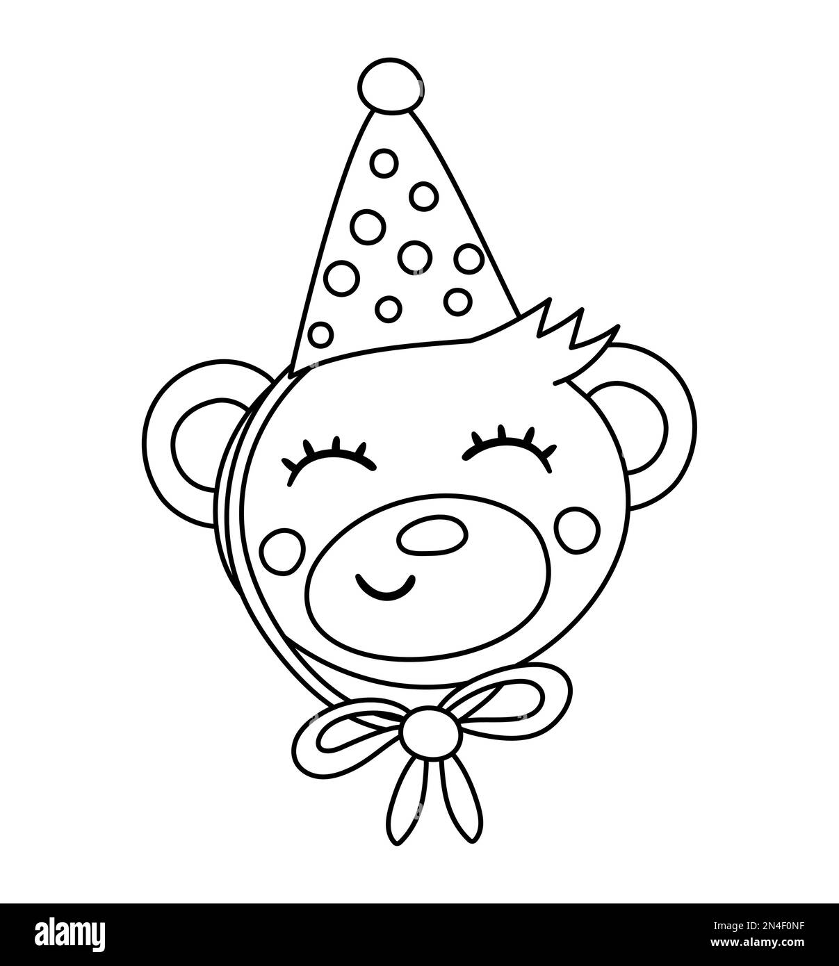 Vector cute black and white bear face in party hat. Birthday outline
