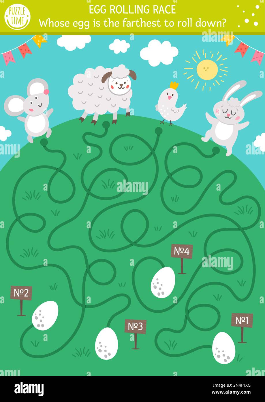 Egg rolling race labyrinth. Easter maze for children. Holiday preschool