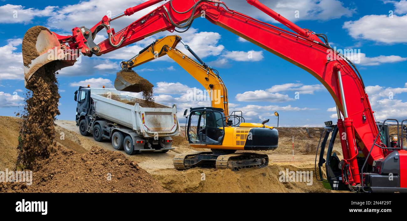 excavator is working and digging at construction site Stock Photo
