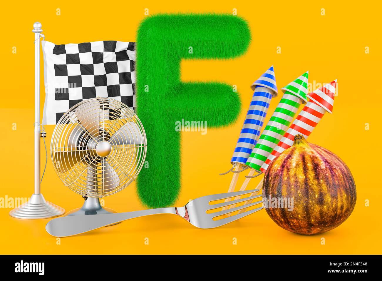 Fluffy letter F with fan, flag, fireworks, fork, fig. Kids ABC, 3D rendering on orange background Stock Photo