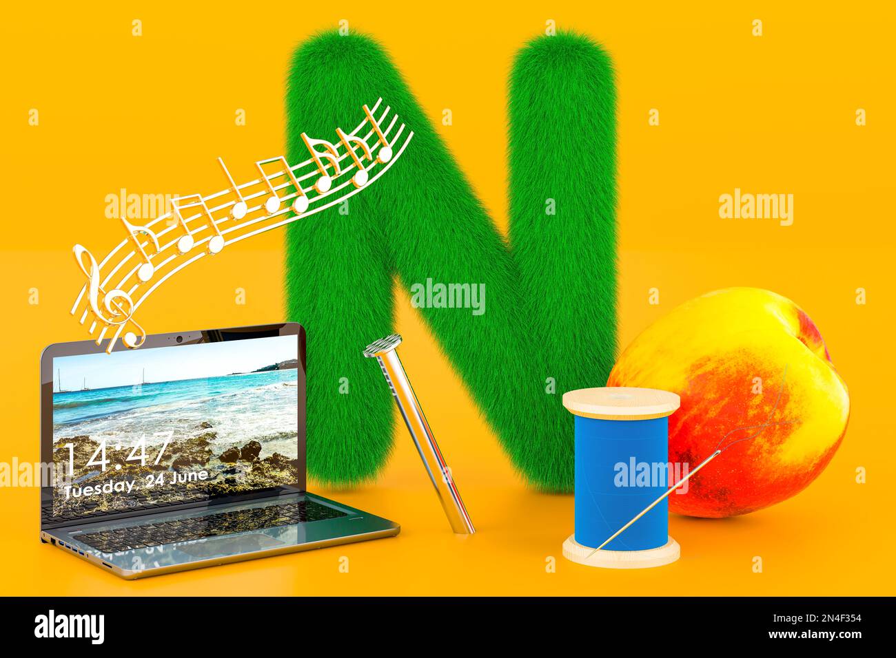 Fluffy letter N with nails, notebook, notes, needle, nectarine. Kids ABC, 3D rendering on orange background Stock Photo