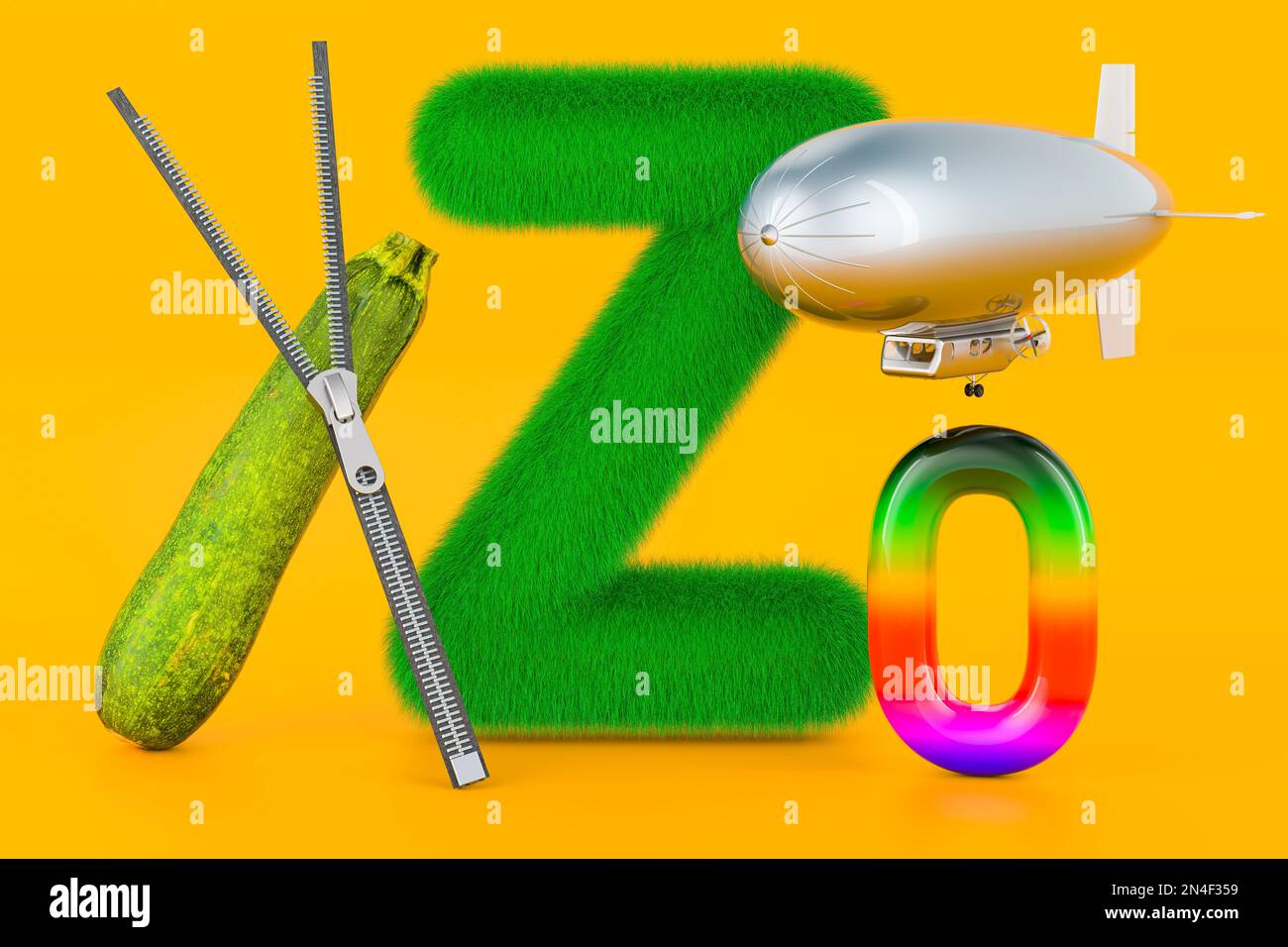 Fluffy letter Z with zipper, zeppelin, zucchini, zero. Kids ABC, 3D rendering on orange background Stock Photo
