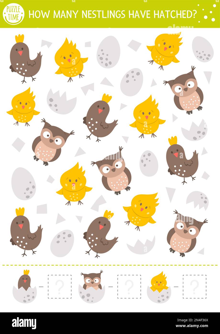 Easter counting game with cute little birds. Spring math activity for preschool children. Simple printable worksheet with funny owl, chick, egg. Educa Stock Vector