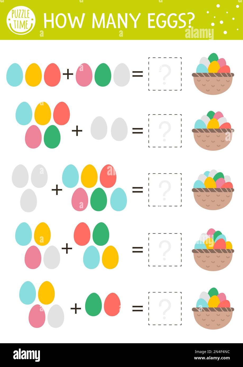 Easter counting game with colored eggs and basket. Holiday activity for
