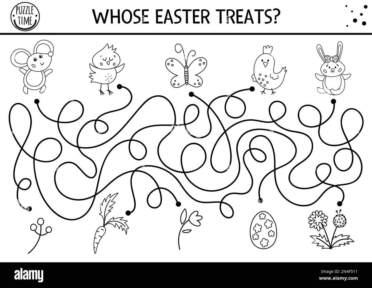 Easter black and white maze for children with cute animals and presents. Holiday outline preschool printable activity with chicken, mouse, bunny. Funn Stock Vector