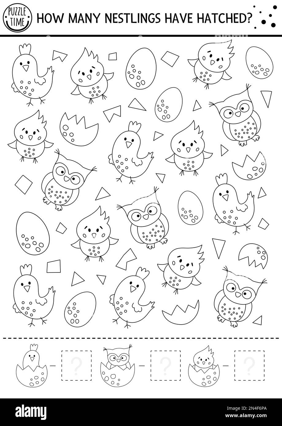 Easter black and white counting game with little birds. Outline spring math activity for preschool children. Simple printable worksheet with funny owl Stock Vector