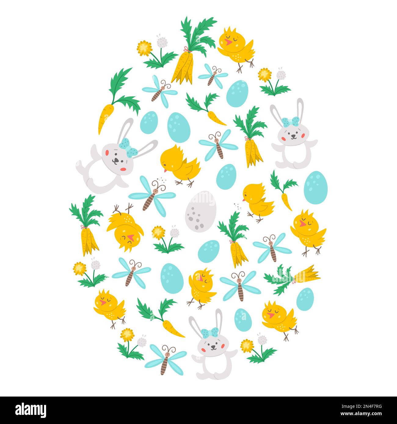 Vector egg shaped frame with Easter characters and symbols. Traditional