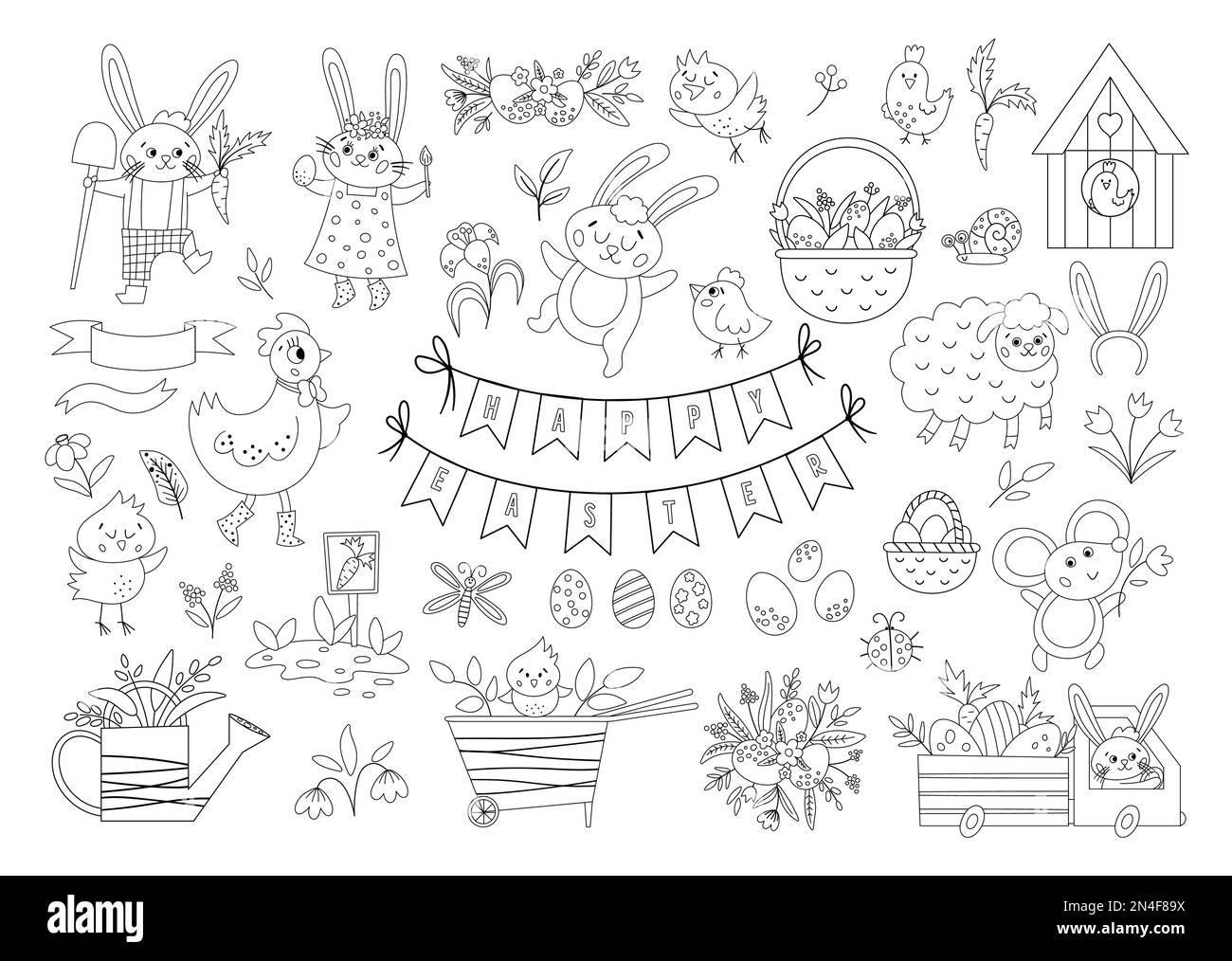 Big black and white collection of design elements for Easter. Vector outline set with cute bunny, eggs, bird, chicks, baskets. Spring funny illustrati Stock Vector