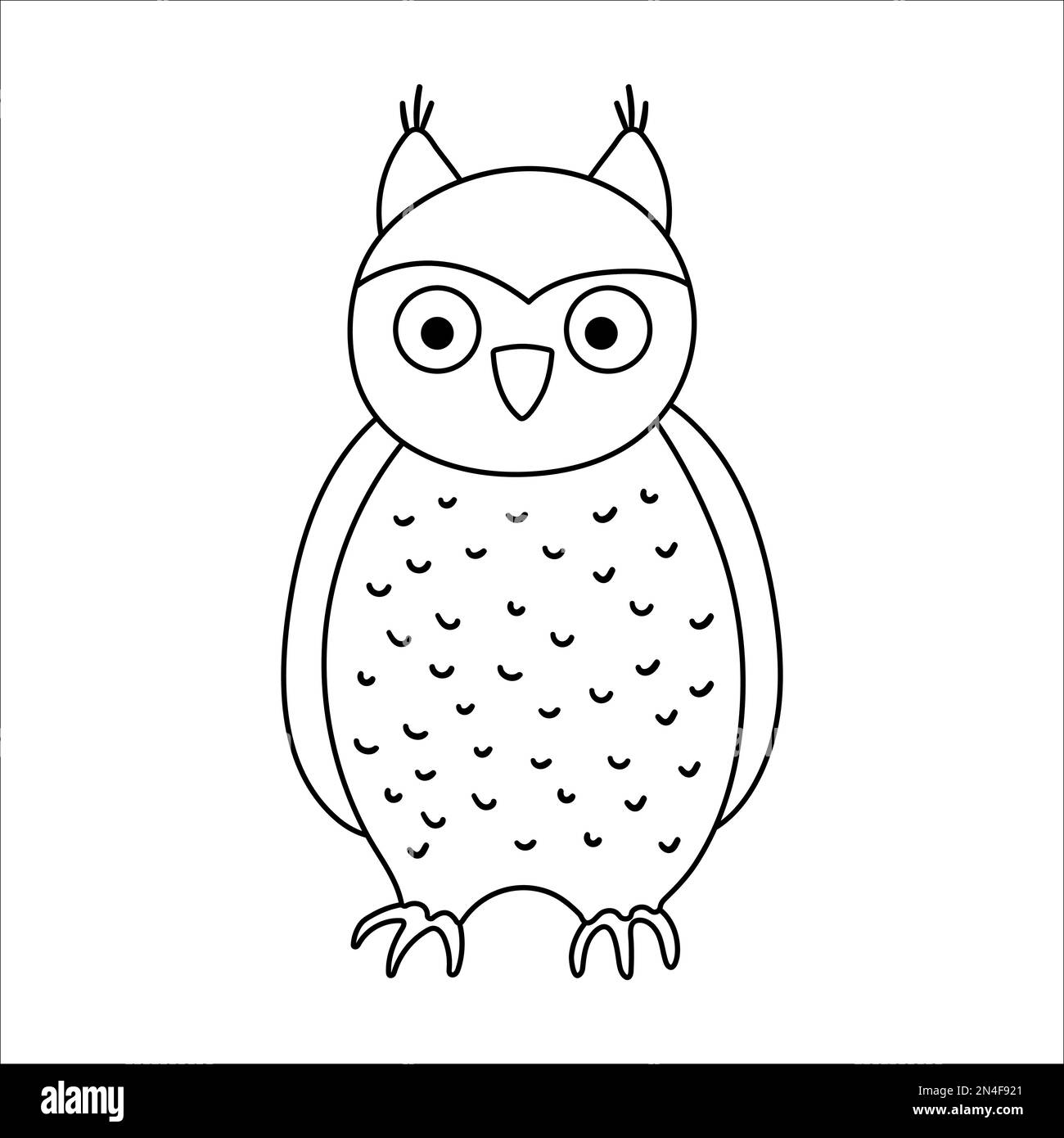 Vector hand drawn black and white owl. Funny woodland outline animal
