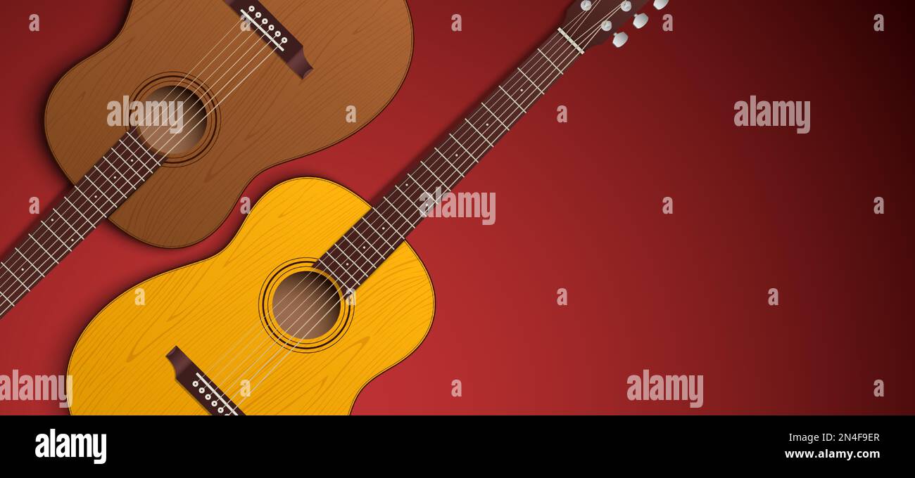 Musical vector banner of 2 classical acoustic guitars on a burgundy
