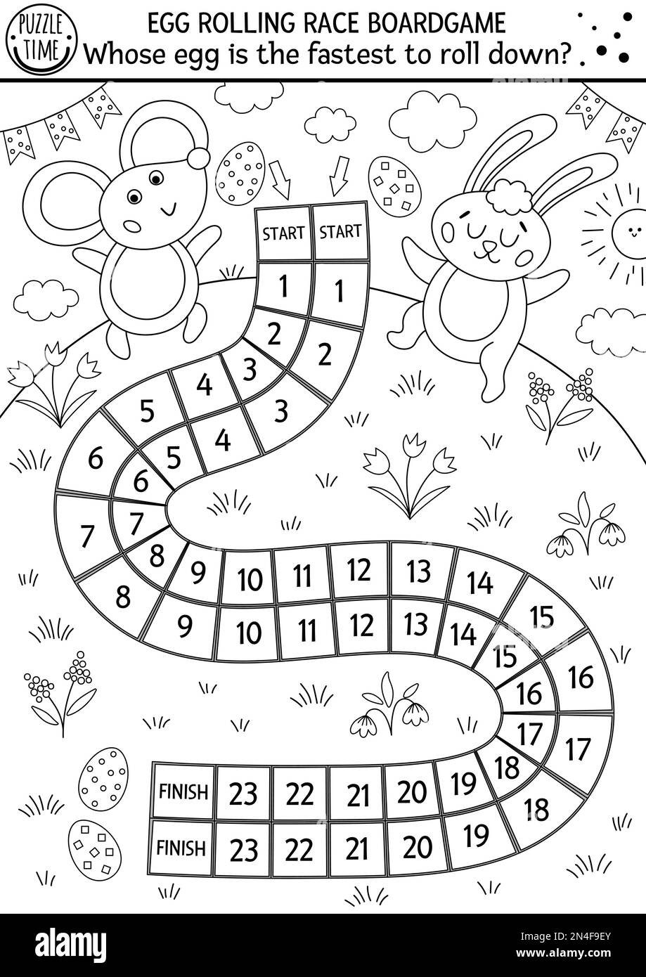Easter black and white egg rolling race board game for children with cute bunny. Outline holiday dice boardgame with eggs. Traditional spring activity Stock Vector