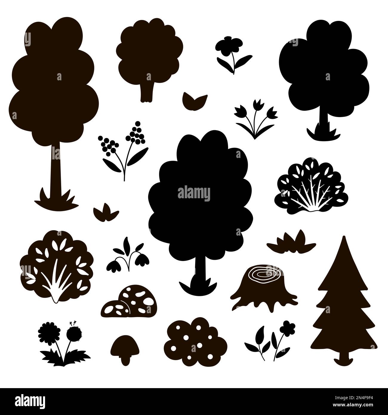 Vector black and white set with garden or forest trees, plants, shrubs, bushes, flowers silhouettes. Spring woodland or farm black illustration. Natur Stock Vector