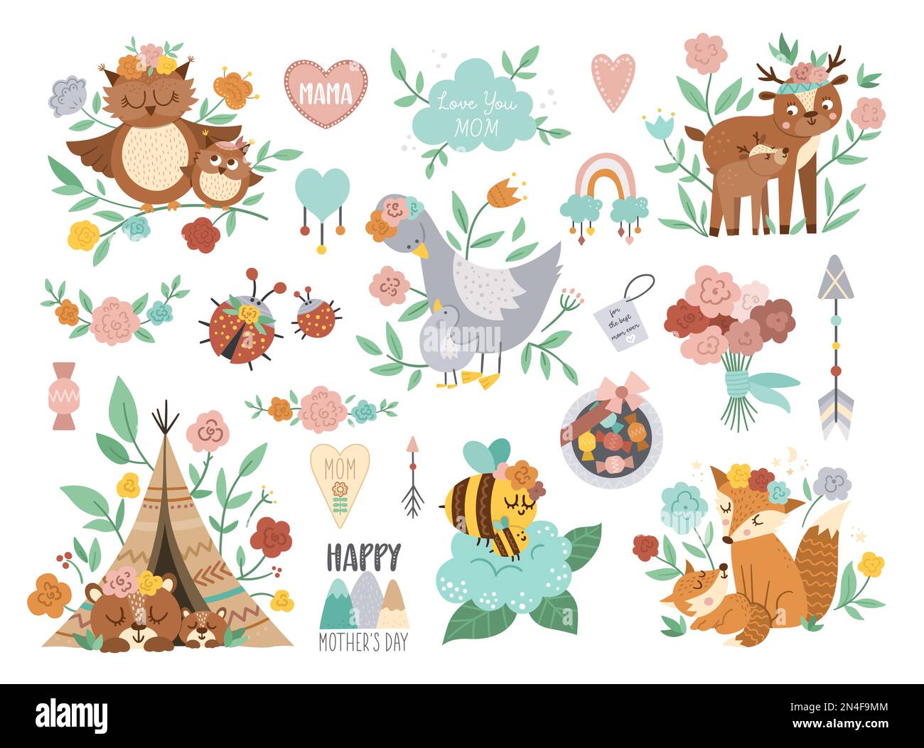 Vector boho baby animals with parents. Funny woodland animal scene showing family love. Cute big Mothers Day design elements collection. Mother and ch Stock Vector