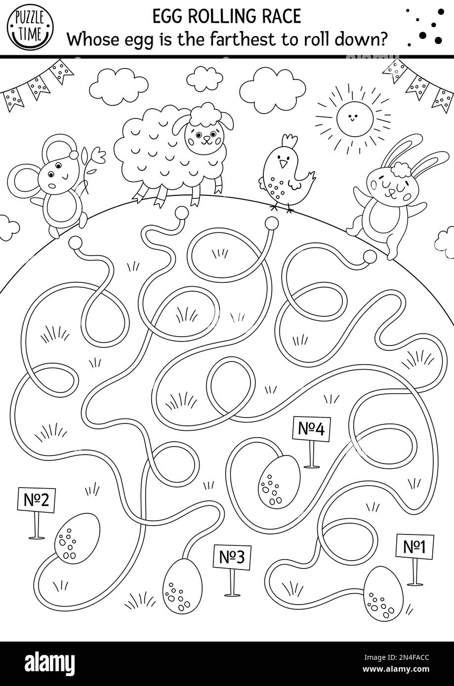 Egg black and white rolling race labyrinth. Easter maze for children. Holiday outline preschool printable educational activity. Funny spring game or c Stock Vector