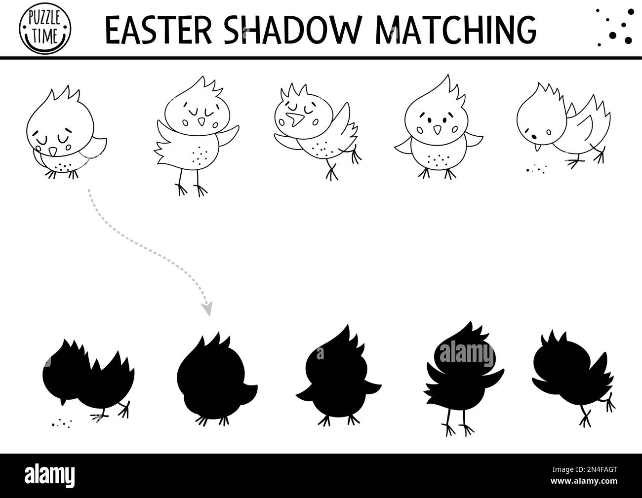 Easter black and white shadow matching activity for children with chickens. Outline spring puzzle with cute farm birds. Holiday celebration educationa Stock Vector