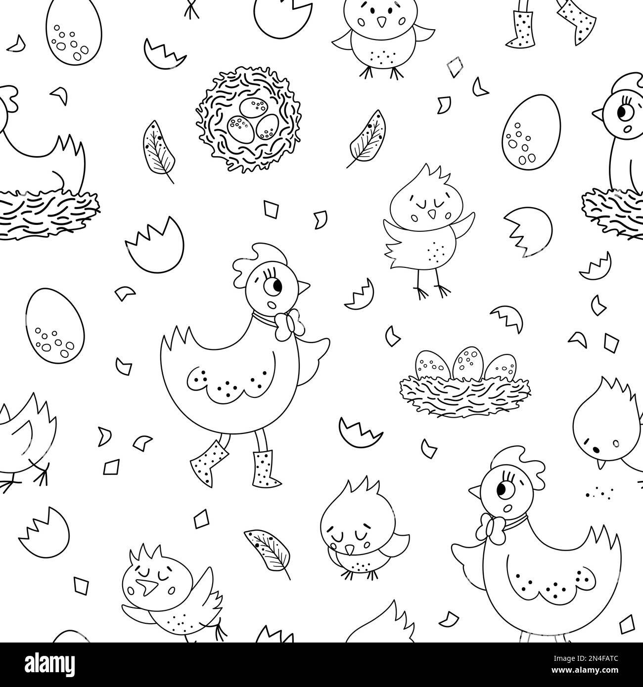 Vector seamless pattern with cute hen, little chicks, eggs, nest