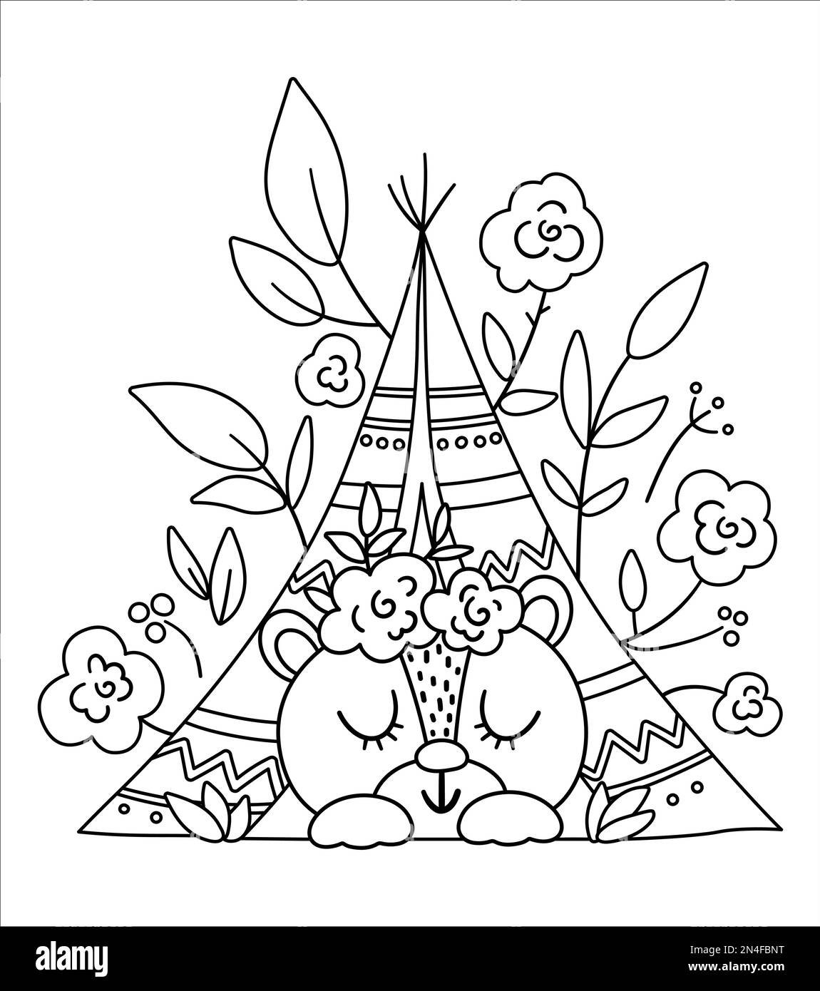 Vector bohemian bear sleeping in wigwam with flowers on head. Woodland