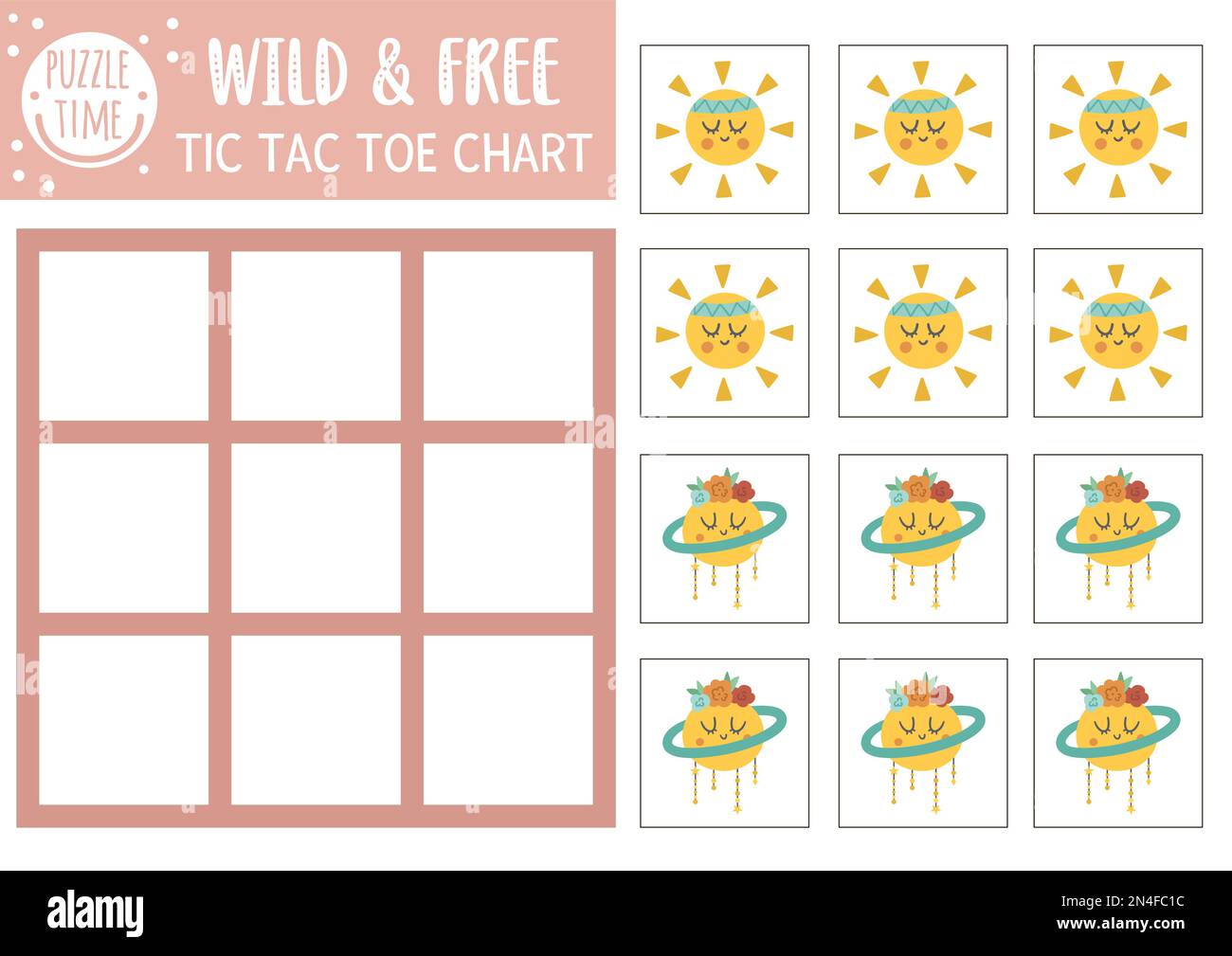 Vector wild and free tic tac toe chart with cute planet and sun. Ethnic nature board game playing field with. Funny printable worksheet for kids. Noug Stock Vector
