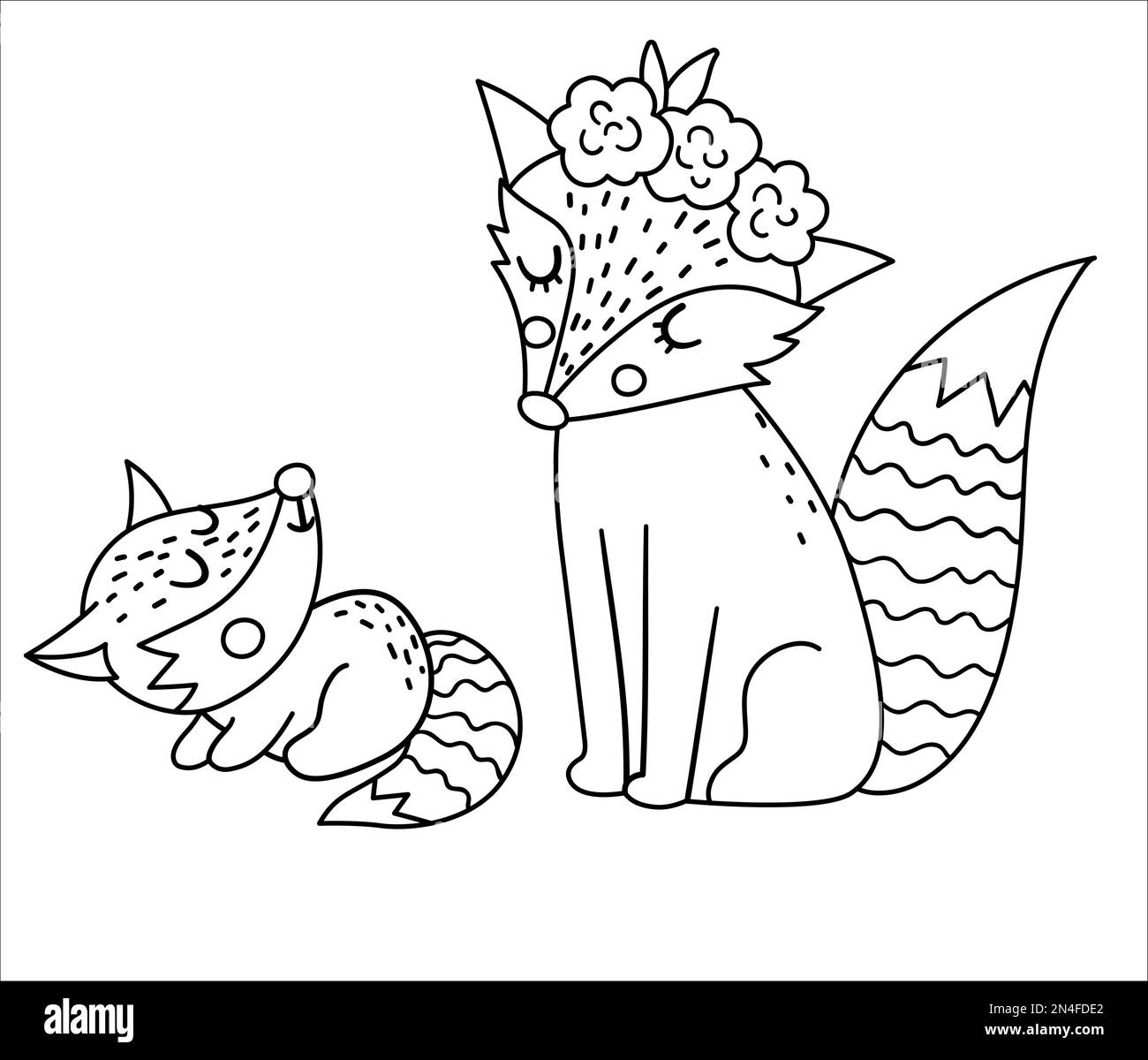 Vector black and white baby fox with parent. Funny bohemian style ...