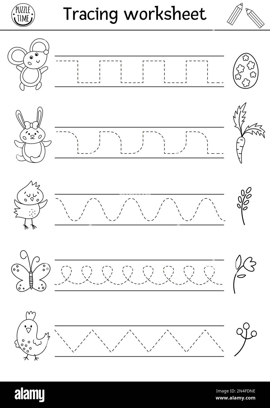 Vector Easter handwriting practice worksheet. Spring printable black and white activity for pre-school children. Educational tracing game for writing Stock Vector