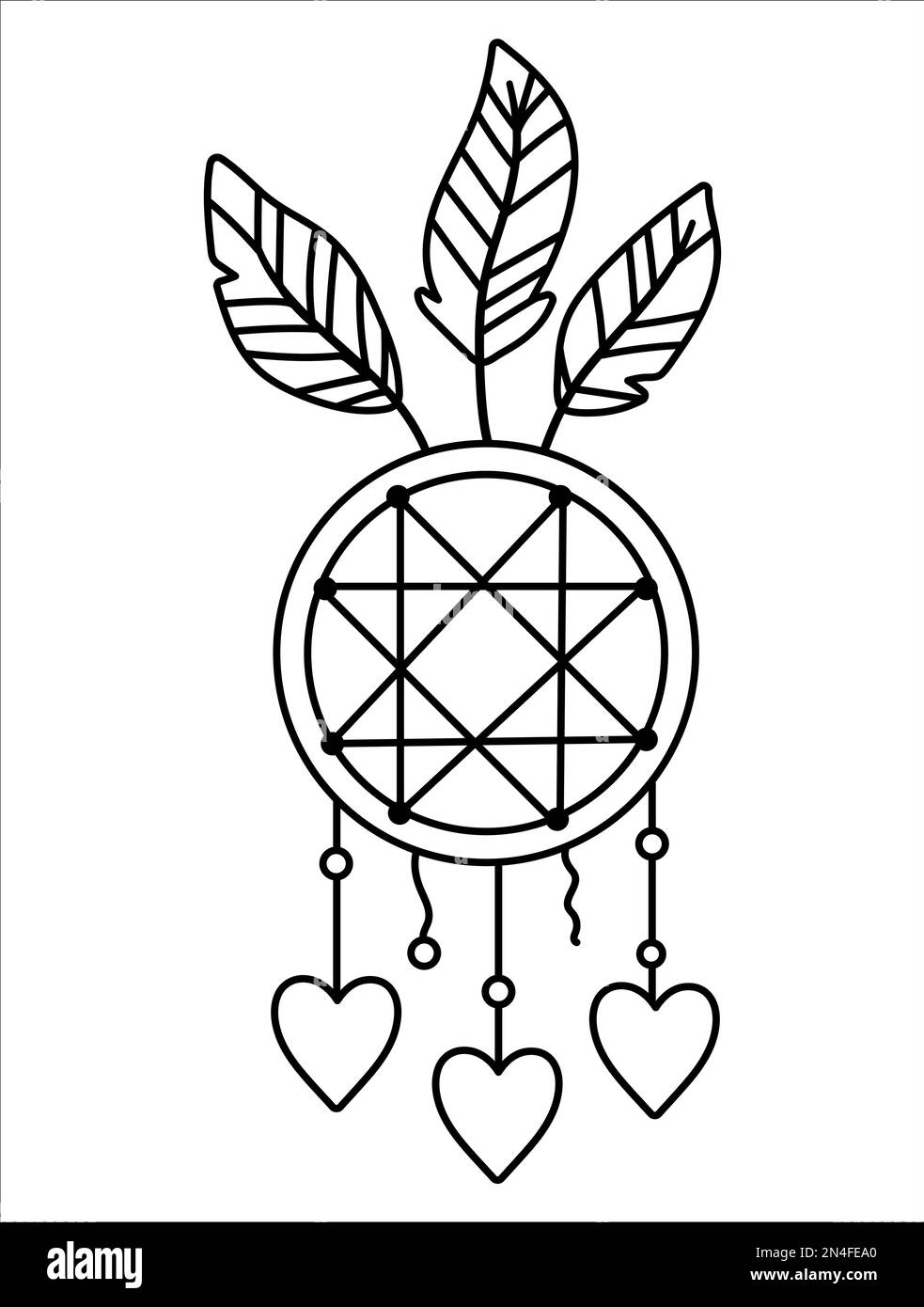 Vector black and white boho dreamcatcher with pendants and feathers. Bohemian line icon isolated on white background. Celestial outline illustration. Stock Vector