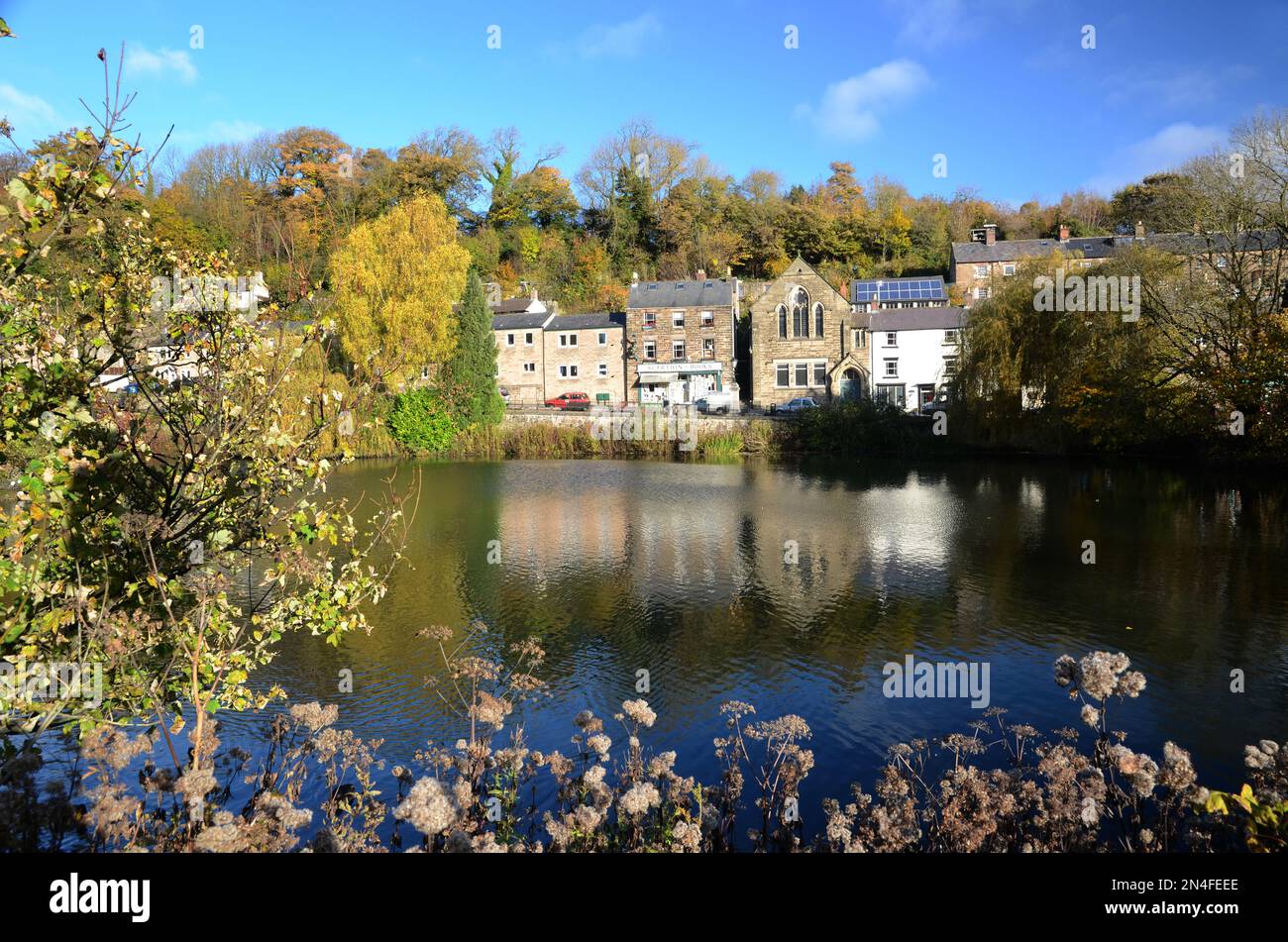Scarthin reflected in the Mill Pond at Cromford, Derbyshire, England Stock Photo