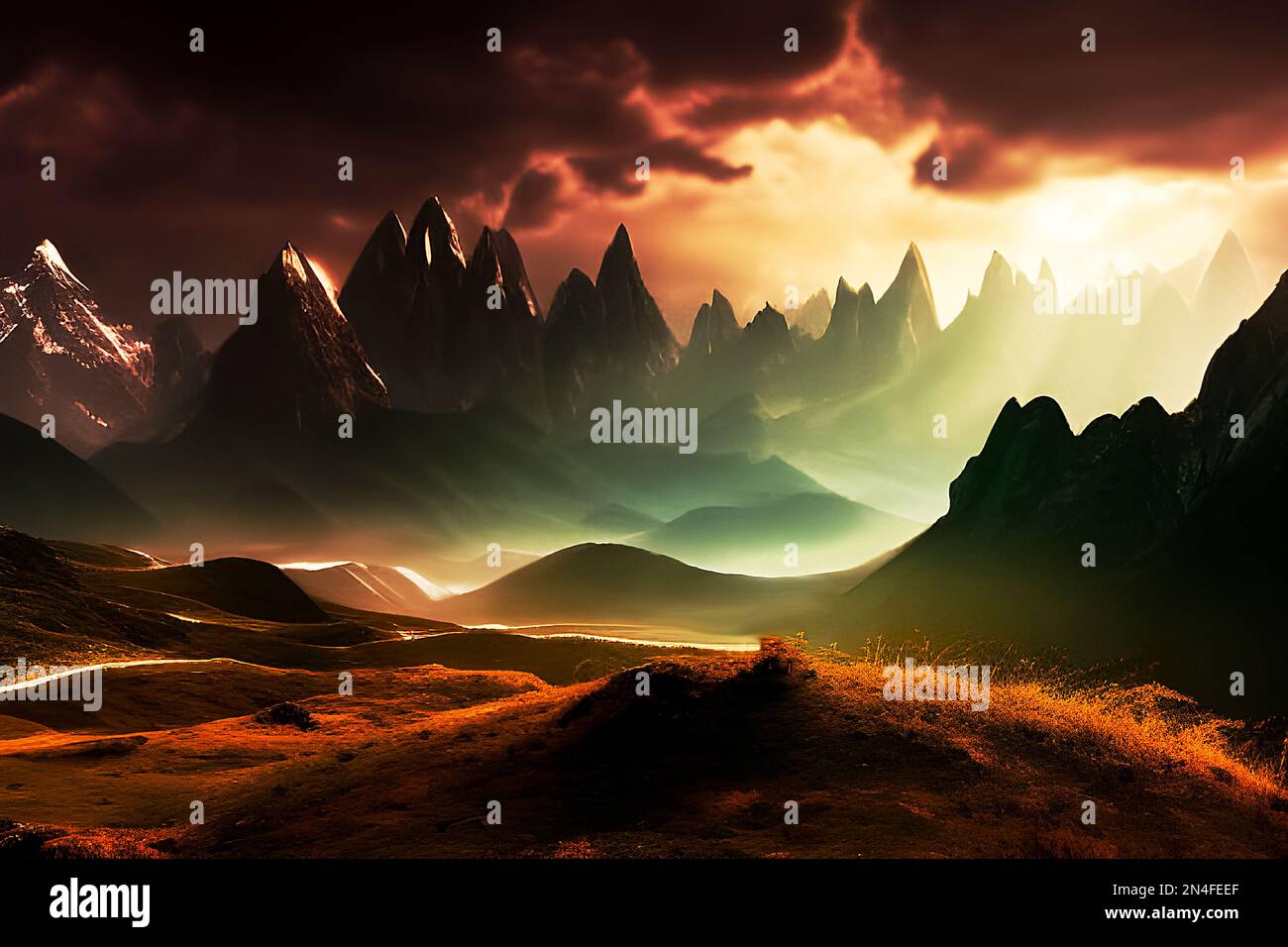 Mountain range at sundown depiction. Stock Photo