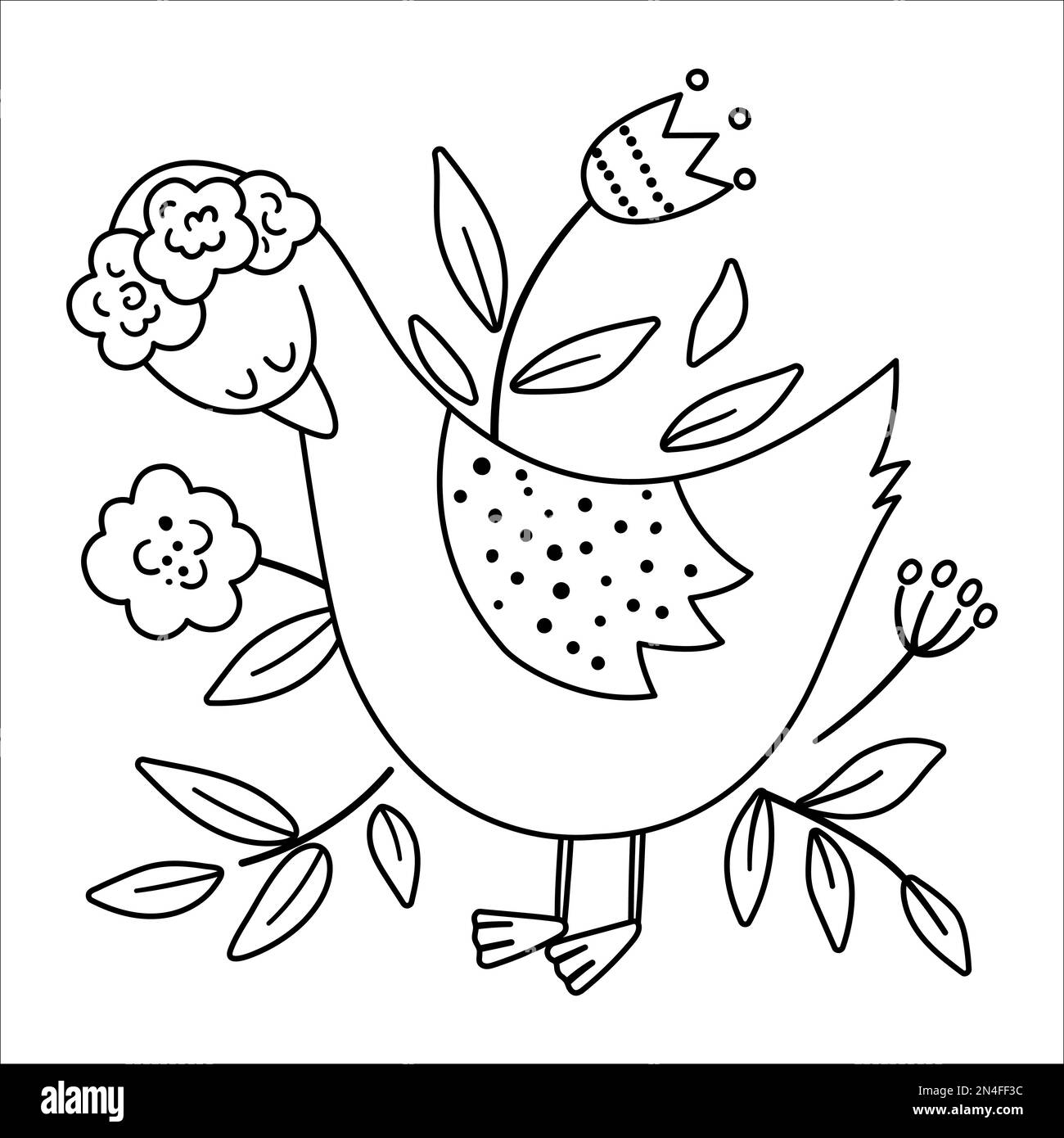 Vector bohemian goose with flowers on head. Woodland black and white