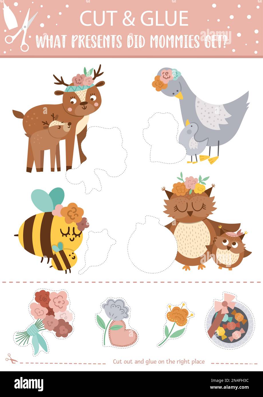 Vector Mothers day cut and glue activity. Holiday educational crafting game with wild baby animals and their moms. Fun spring printable worksheet for Stock Vector Image & Art - Alamy Vector Mothers day cut and glue activity. Holiday educational crafting game with wild baby animals and their moms. Fun spring printable worksheet for Stock Vector Image & Art - Alamy