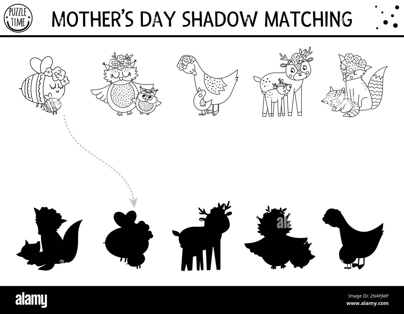 Mothers day black and white shadow matching activity for children. Fun spring line coloring page with cute mother and baby animals. Family love game f Stock Vector