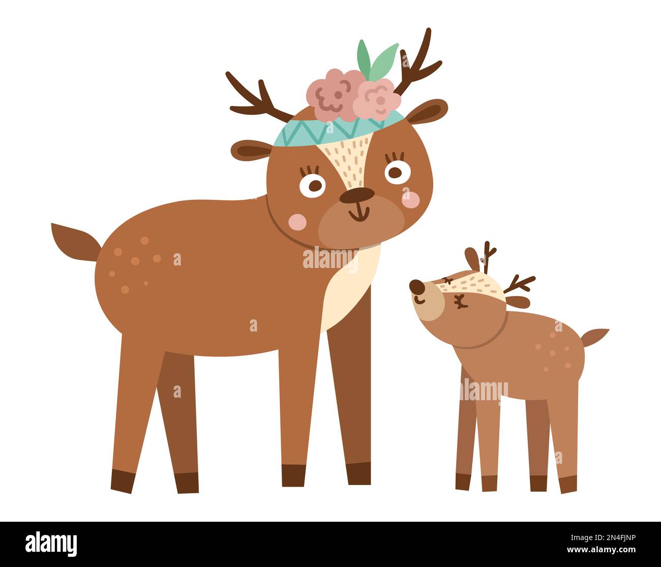 Vector hand drawn baby deer with parent isolated on white. Funny bohemian style woodland animal scene showing family love. Cute boho forest illustrati Stock Vector