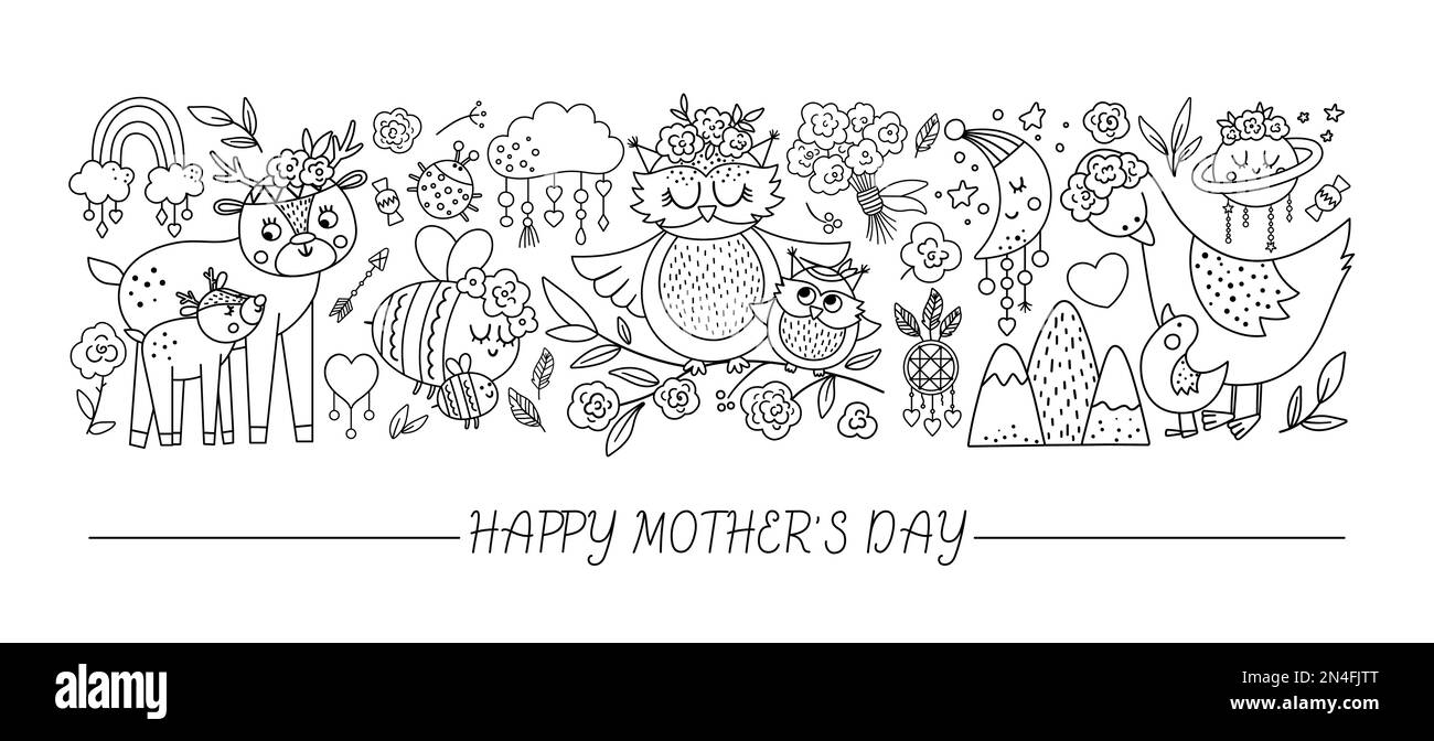Vector black and white horizontal set with Mothers day characters and elements. Card template design with cute forest baby animals showing family love Stock Vector