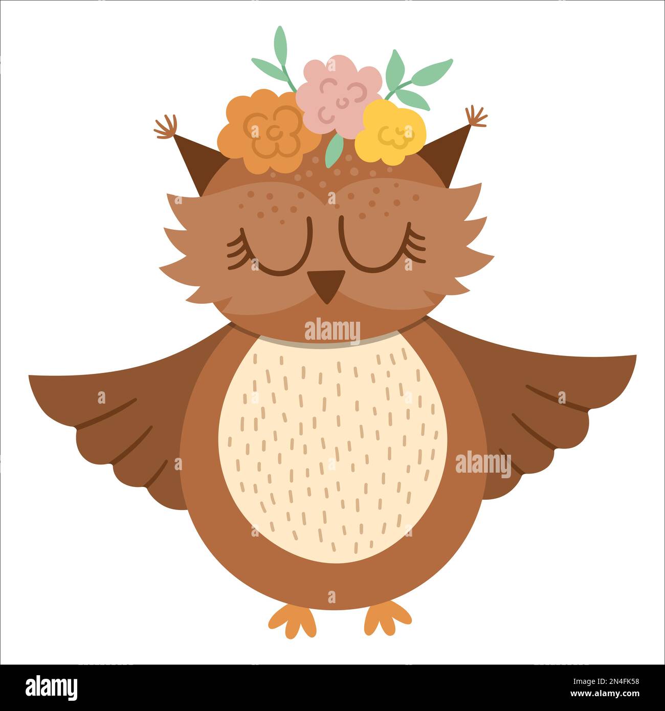 Vector hand drawn owl with flowers on the head. Cute bohemian style ...