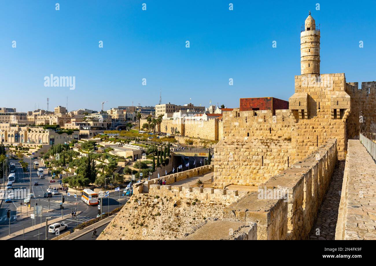 Jerusalem, Israel October 12, 2017 Ottoman minaret above walls and