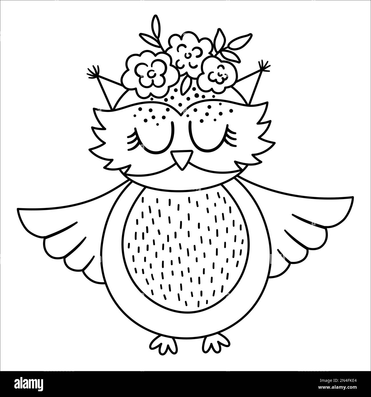 Vector black and white owl with spread wings and flowers on the head ...